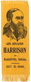 "HARRISON AT KENDALLVVILLE, INDIANA OCT. 31, 1896" RARE PORTRAIT RIBBON.