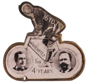 16 TO 1 PEDALS BRYAN & SEWALL TO THE WHITE HOUSE 1896 MECHANICAL BADGE.