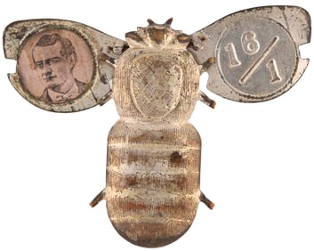 BRYAN "16 TO 1" 1896 MECHANICAL SILVER BUG BADGE.