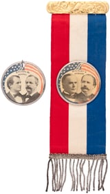 McKINLEY & BRYAN PATRIOTIC 1896 TIN FRAMED JUGATE BADGE PAIR.