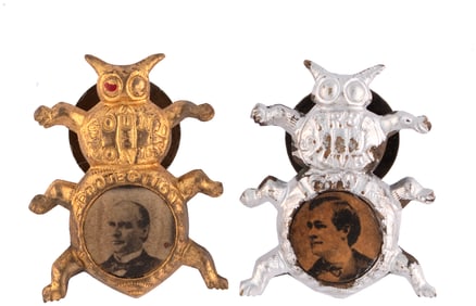 McKINLEY & BRYAN FIGURAL GOLD & SILVER BUG STUD BACK BADGE PAIR.