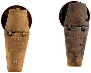 McKINLEY & BRYAN 1896 MECHANICAL COFFIN LAPEL STUD PAIR.