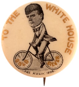 McKINLEY RIDING "GOLD" & "SIVER" BICYCLE "TO THE WHITE HOUSE" RARE CARTOON BUTTON.