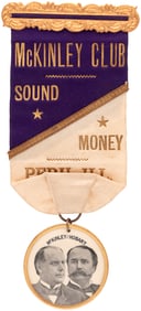 "McKINLEY CLUB SOUND MONEY PERU, ILL" 1896 JUGATE RIBBON BADGE.