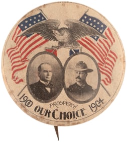 McKINLEY & ROOSEVELT IN ROUGH RIDER UNIFORM RARE 1900 EAGLE & FLAGS JUGATE BUTTON.