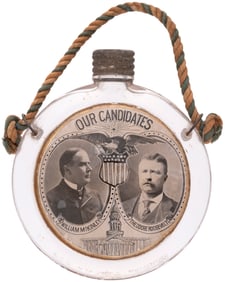McKINLEY & ROOSEVELT 1900 JUGATE LABEL UNDER GLASS CANTEEN STYLE FLASK.