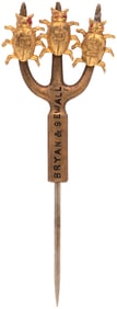 BRYAN FIGURAL PITCHFORK IMPALED GOLD BUGS "R, H, Mc" 1896 STICK PIN BADGE.