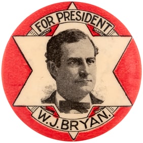 "FOR PRESIDENT W. J. BRYAN" 1.5" SIX POINTED STAR PORTRAIT BUTTON HAKE #133.