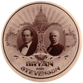 "BRYAN AND STEVENSON" 1900 RADIATING U.S. CAPITOL JUGATE BUTTON HAKE #36.