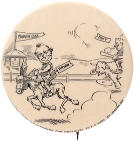 ?BRYAN? LEADING ?TAFT? IN A RACE TO THE ?VOTERS? FINISH LINE RARE CARTOON BUTTON.