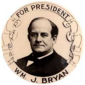"FOR PRESIDENT Wm. J. BRYAN" RIBBON MOTIF REAL PHOTO BUTTON UNLISTED IN HAKE.