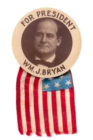 "FOR PRESIDENT WM. J. BRYAN" BOLD 1908 SEPIA TONED PORTRAIT BUTTON.