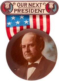 BRYAN "OUR NEXT PRESIDENT" 1908 HAND TINTED REAL PHOTO PORTRAIT BADGE.