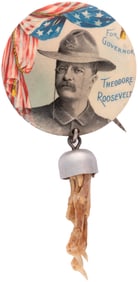 "FOR GOVERNOR THEODORE ROOSEVELT" ROUGH RIDER AND RABBITS FOOT BUTTON HAKE #3184.