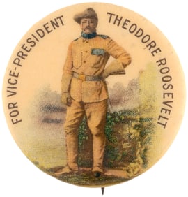 ROOSEVELT ROUGH RIDER "FOR VICE PRESIDENT" 1900 STANDING PORTRAIT BUTTON HAKE #72.