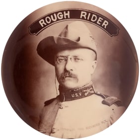 ROOSEVELT "ROUGH RIDER" LARGE SEPIA TONED REAL PHOTO PORTRAIT BUTTON.
