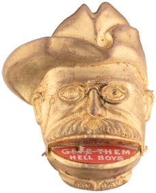 ROOSEVELT FIGURAL BRASS SHELL MECHANICAL ROUGH RIDER BADGE HAKE #212.