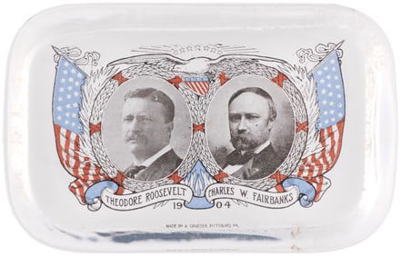 ROOSEVELT & FAIRBANKS PATRIOTIC 1904 JUGATE PAPERWEIGHT.