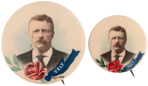 ROOSEVELT ROSE-"VELT" 1904 REBUS PORTRAIT BUTTON PAIR.