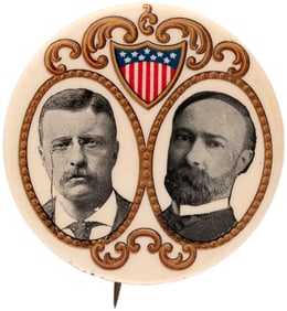 ROOSEVELT & FAIRBANKS SCARCE 1.75" 1904 AMERICAN SHIELD FILIGREE JUGATE HAKE #3137.