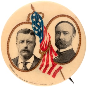 ROOSEVELT & FAIRBANKS 1.75" 1904 FURLED FLAG JUGATE BUTTON.