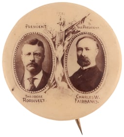 ROOSEVELT & FAIRBANKS 1904 FASCES REAL PHOTO JUGATE BUTTON.
