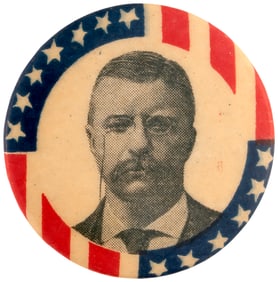 ROOSEVELT RARE 1904 PATRIOTIC BORDER PORTRAIT BUTTON UNLISTED IN HAKE.