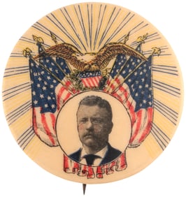 ROOSEVELT RARE 1904 EAGLE, RAYS & DRAPED FLAG PORTRAIT BUTTON HAKE #3260.
