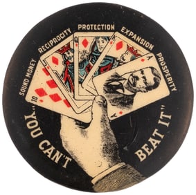 ROOSEVELT "YOU CAN'T BEAT IT!" RARE ROYAL FLUSH HAND OF CARDS MOTIF 1904 CAMPAIGN BUTTON.