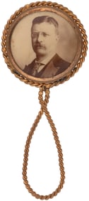 ROOSEVELT 1904 PORTRAIT BUTTON IN BRASS ROPE FRAMMED MIRROR.