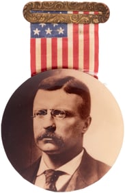ROOSEVELT 3.5" SEPIA TONED REAL PHOTO BUTTON ON PATRIOTIC RIBBON BADGE.