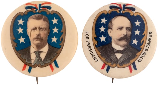 ROOSEVELT & PARKER 1904 FLANKING STARS PORTRAIT BUTTON PAIR.