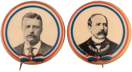 ROOSEVELT & PARKER 1904 GOLD BORDER PATRIOTIC BOW PORTRAIT BUTTON PAIR.