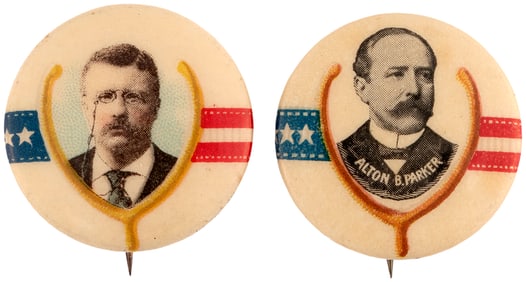 ROOSEVELT & PARKER 1904 GOOD LUCK WISH BONE MOTIF PORTRAIT BUTTON PAIR.