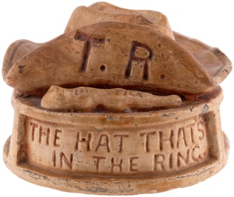 ROOSEVELT HAT IN THE RING "BIG STICK" EXCEPTIONAL 1912 FIGURAL PAPERWEIGHT.