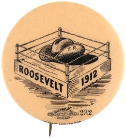"ROOSEVELT 1912" RARE HAT IN THE RING CARTOON BUTTON HAKE #282.