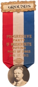 ROOSEVELT "PROGRESSIVE PARTY OF MASSACHUSETTS OUTING" 1912 RIBBON BADGE & TICKET.