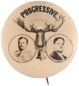 ROOSEVELT & JOHNSON "PROGRESSIVE" BULL MOOSE LIBERTY BELL JUGATE BUTTON.