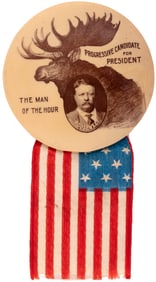 ROOSEVELT "THE MAN OF THE HOUR" RARE 1912 BULL MOOSE 1.75" BUTTON.