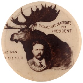 ROOSEVELT "THE MAN OF THE HOUR" DIMINUTIVE 1912 BULL MOOSE CAMPAIGN BUTTON.