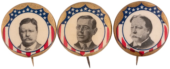 ROOSEVELT, WILSON & TAFT 1912 AMERICDAN SHIELD PORTRAIT BUTTON TRIO.