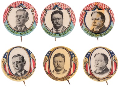 ROOSEVELT, WILSON & TAFT 1912 TWO SETS OF MATCHED PORTRAIT BUTTONS.