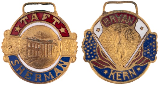 TAFT & BRYAN WHITE HOUSE & EAGLE 1908 ENAMELED BRASS WATCH FOB PAIR.