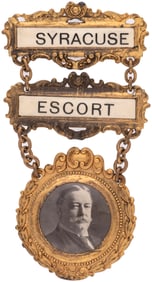 TAFT "SYRACUSE" NEW YORK "ESCORT" HEAVY BRASS HANGING PORTRAIT BADGE.