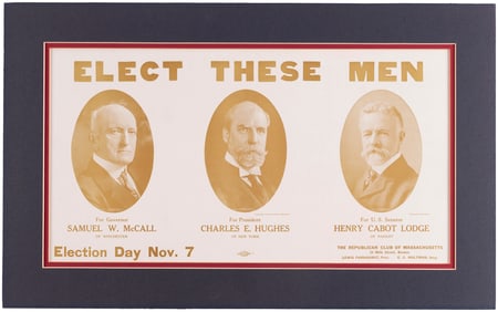 HUGHES, McCALL & HENRY CABOT LODGE 1916 MASS. COATTAIL POSTER.