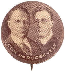 "COX AND ROOSEVELT" 1920 JUGATE BUTTON HAKE #2010 HOBBY & COLLECTIBLE ICON.