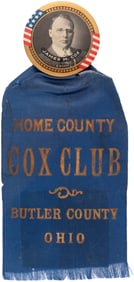 COX 1920 BUTTON ON "HOME COUNTY COX CLUB" 1920 BUTLER CO. OHIO RIBBON.