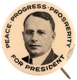 COX "PEACE PROGRESS PROSPERITY" SCARCE 1920 ERROR PORTRAIT BUTTON.