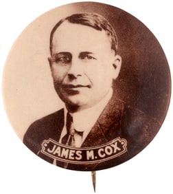 "JAMES M. COX" LARGE 1920 1.75" SEPIA TONED REAL PHOTO BUTTON.