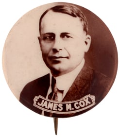 "JAMES M. COX" 7/8" SEPIA REAL PHOTO BUTTON HAKE #12.